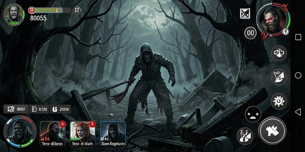 Tampilan menegangkan dalam gameplay 8055 saat menjelajahi lokasi angker.