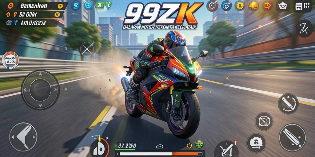Gameplay seru 99ZK dengan balapan motor yang mendebarkan.