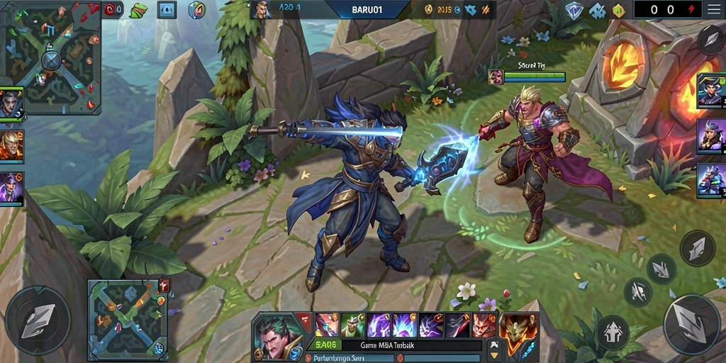 Tampilan gameplay seru di BARU01 dengan aksi MOBA yang mendebarkan.