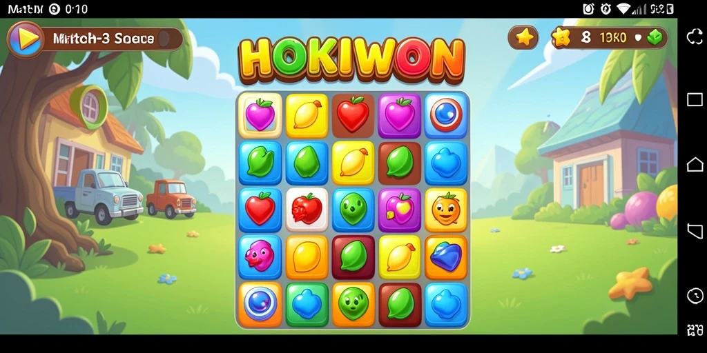 Tangkapan layar seru HOKIWON yang menunjukkan gameplay Match-3 yang menantang.