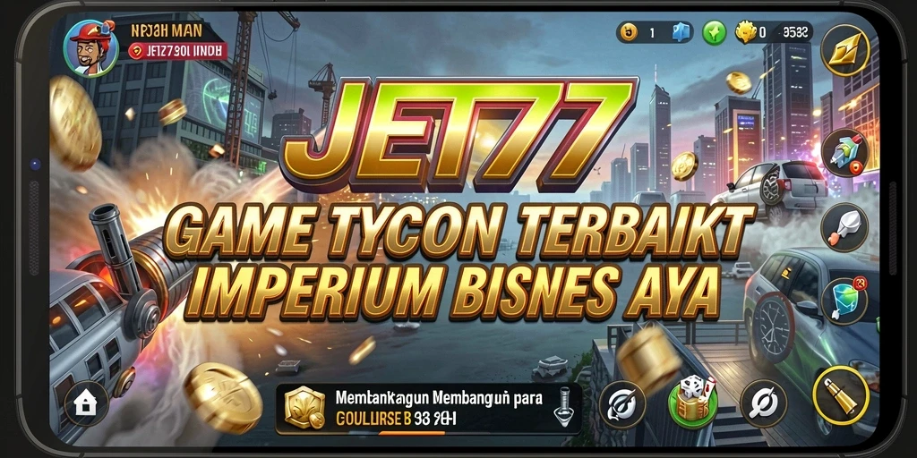 Tampilan gameplay JET77 yang menampilkan aksi pembangunan bisnis.