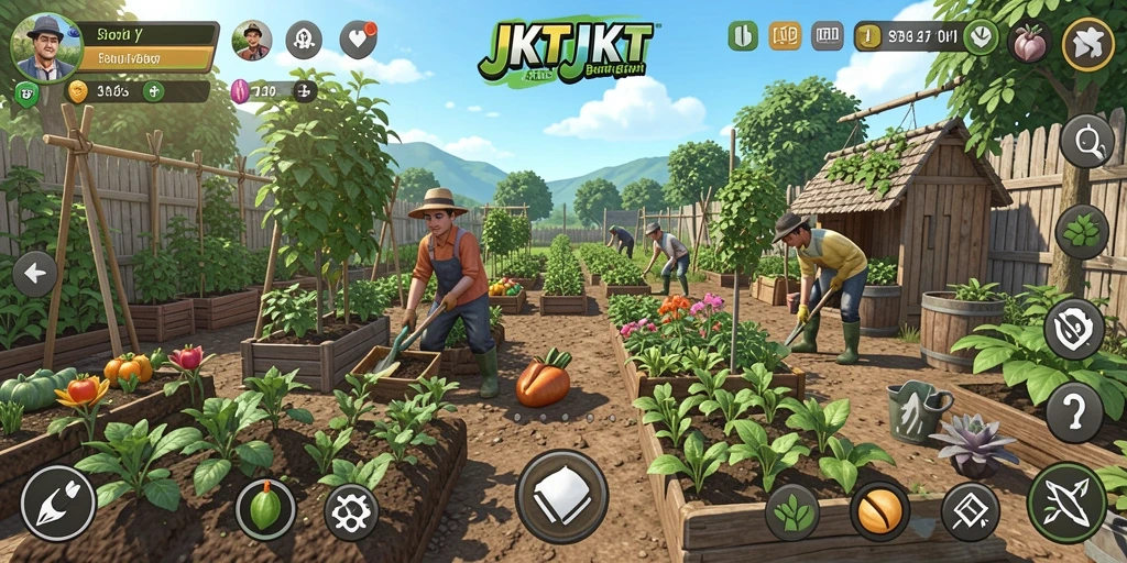 Screenshot gameplay JKTJKT menampilkan kebun yang subur dan hewan ternak.
