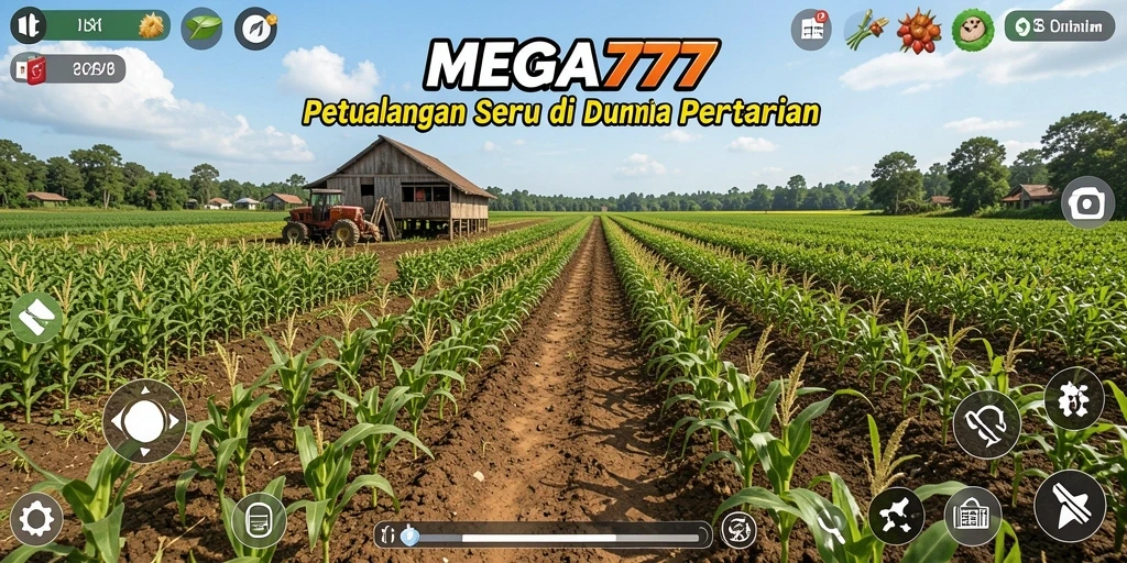 Tampilan gameplay MEGA777 dengan ladang yang hijau dan hewan ternak yang ceria.