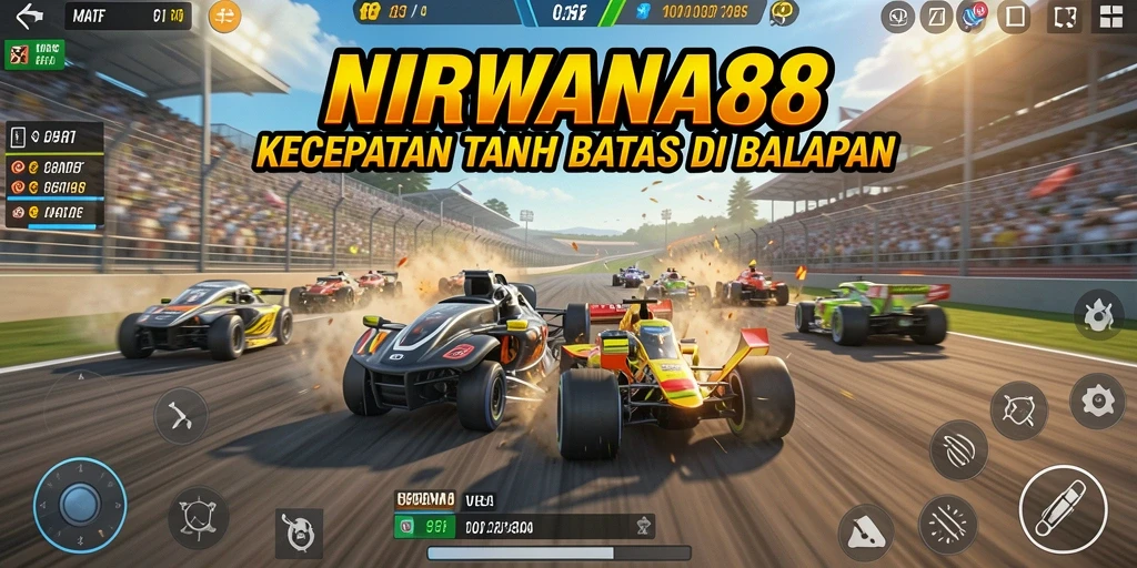 Tampilan gameplay balapan seru di NIRWANA88 dengan mobil-mobil cepat.