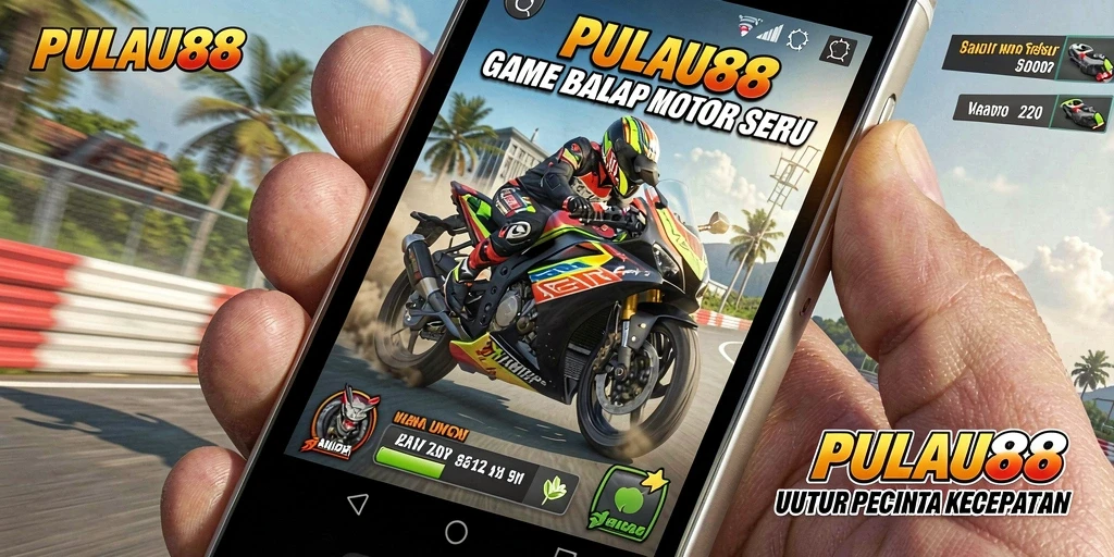 Screenshot PULAU88 menampilkan aksi menegangkan di lintasan balap motor.