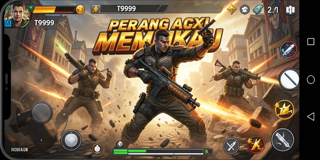 Screenshot gameplay T9999 menampilkan aksi pertempuran intens dan grafis menarik.