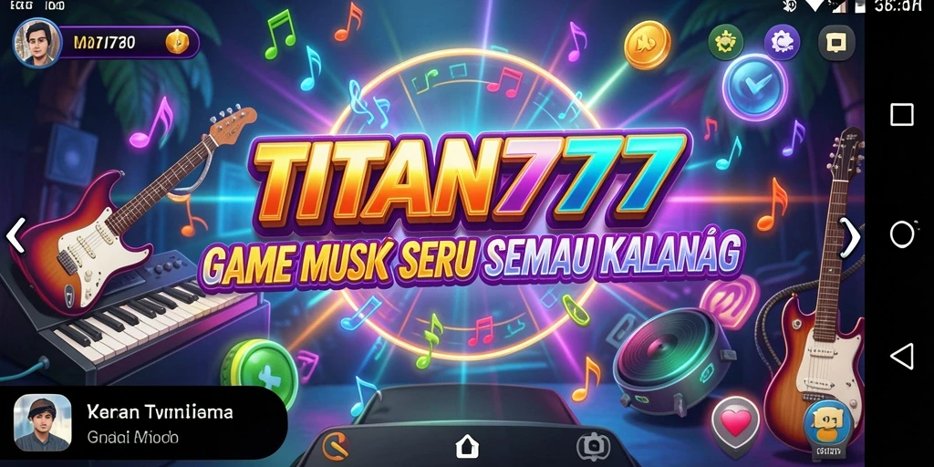 Screenshot utama TITAN777 menampilkan gameplay interaktif dengan musik yang menyenangkan.