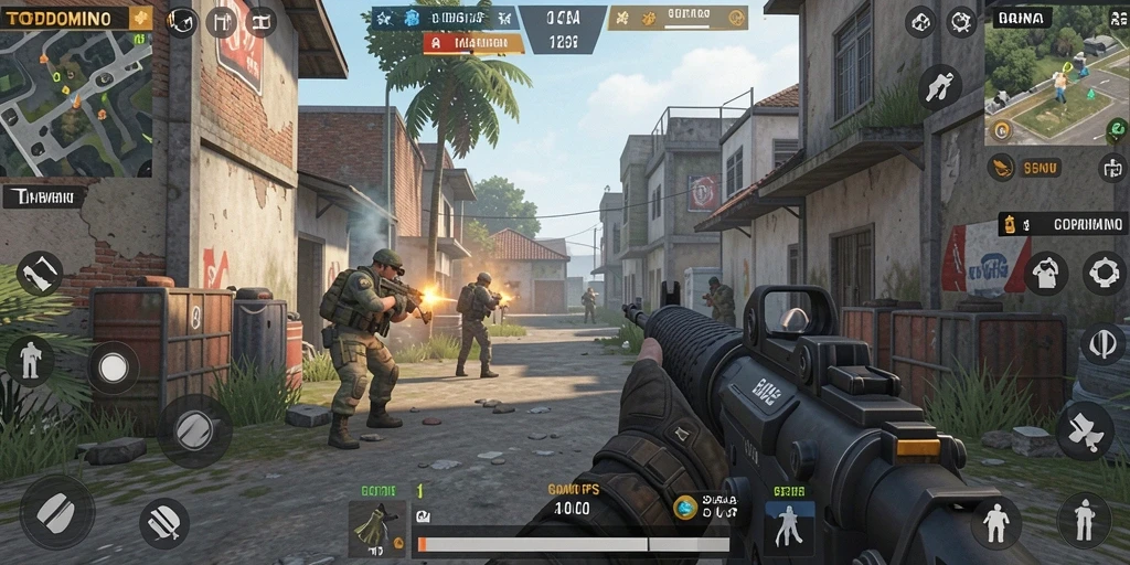 Screenshot utama TOPDOMINO menunjukkan aksi gameplay FPS yang intens.